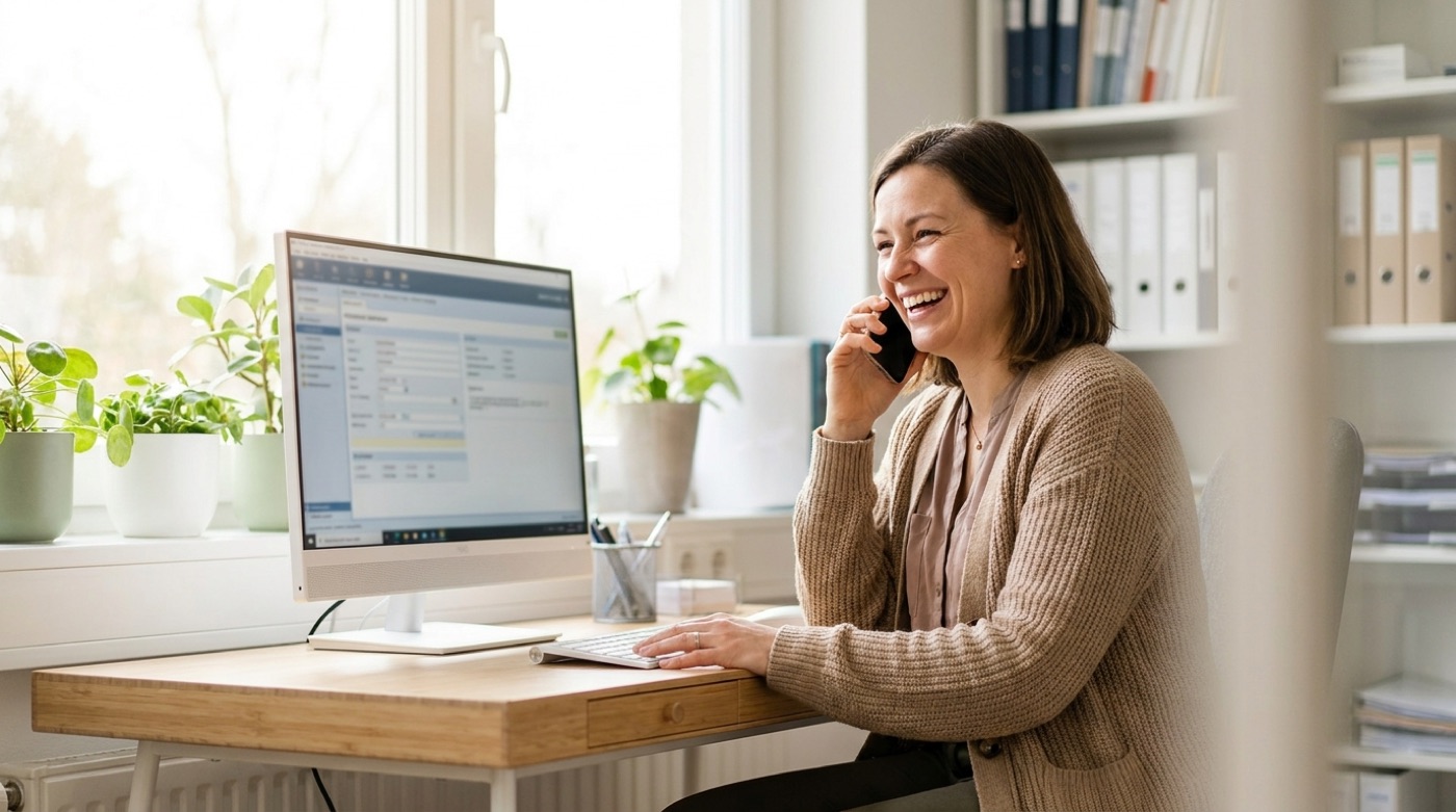 Medical practice staff member speaking with a patient by phone at a front-desk workstation